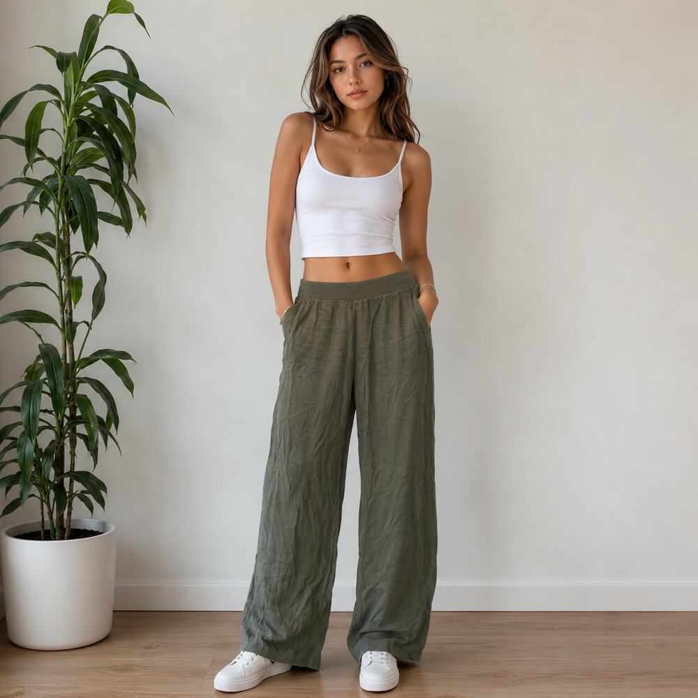 3 Dots green wide leg pants Small lightweight Beachy casual